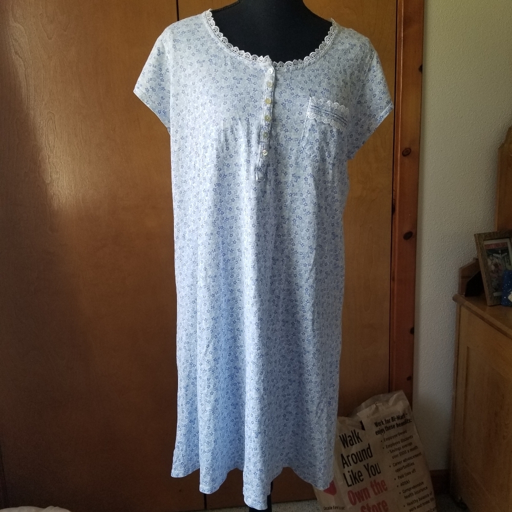 Eileen West Cotton Nightgown Blue Ditsy Floral Lace Trim Button Placket M